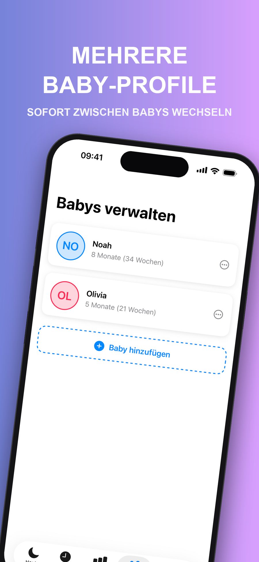 Der Bildschirm Babys verwalten listet zwei Baby-Profile mit Alter und einer Taste Baby hinzufügen.