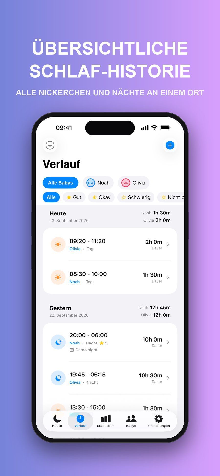Der Verlauf-Bildschirm mit Filtern für jedes Baby und für Nachtbewertungen listet Nickerchen und Nächte nach Tagen mit Startzeit, Endzeit und Dauer.