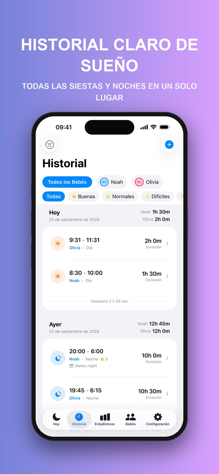 La pantalla Historial con filtros por bebé y por valoración de la noche, con siestas y noches por día, horas de inicio, horas de fin y duraciones.