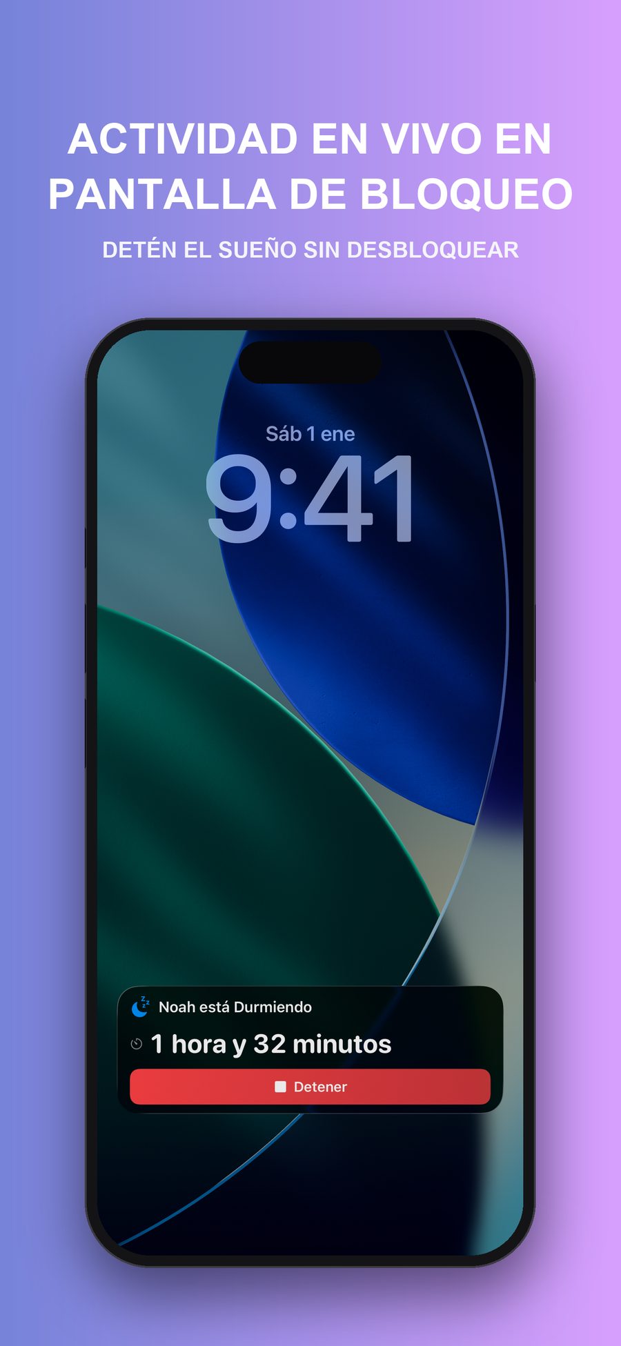 Una pantalla de bloqueo del iPhone con una actividad en vivo de NapKit que dice Noah está durmiendo, 1 hora 32 minutos, con un botón de parada.