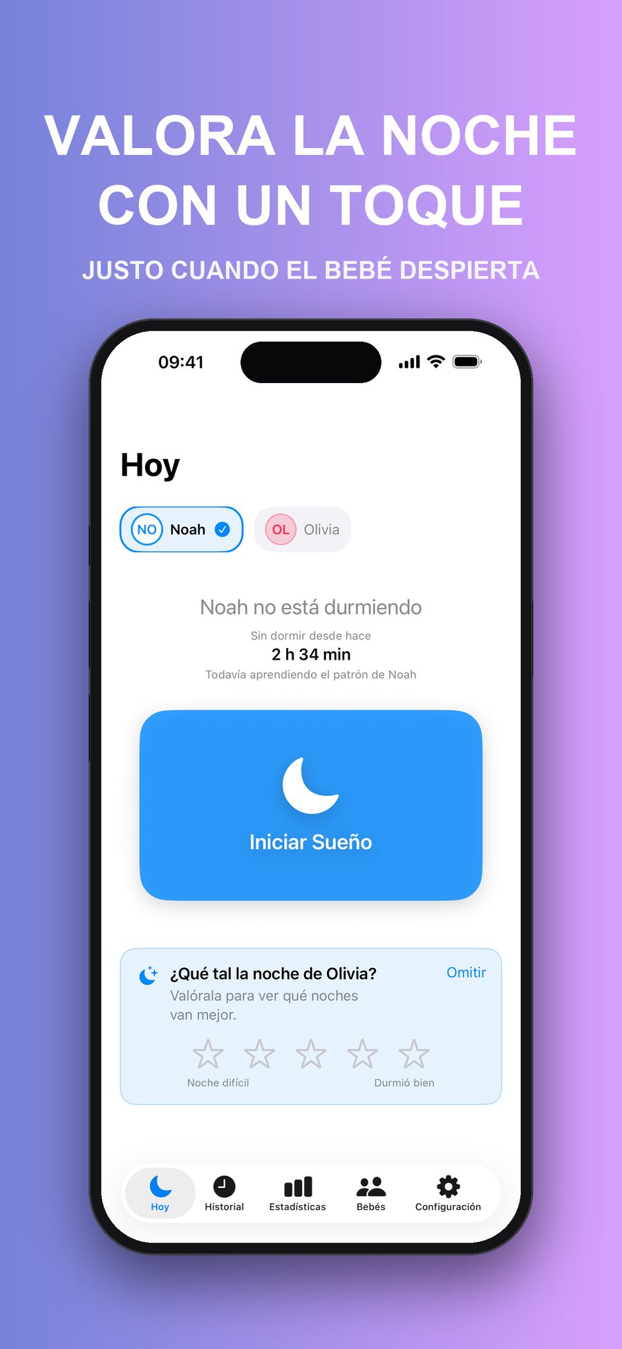 La pantalla Hoy pregunta ¿Qué tal la noche de Olivia? y muestra cinco estrellas para valorarla y un botón Omitir.