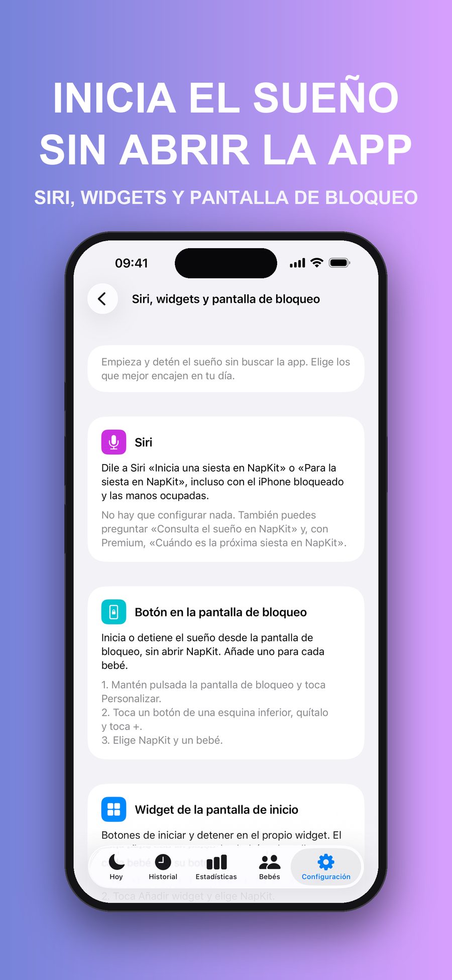 La guía Siri, widgets y pantalla de bloqueo en Configuración, que explica cómo iniciar y detener el sueño con Siri, el botón de la pantalla de bloqueo y el widget de la pantalla de inicio.