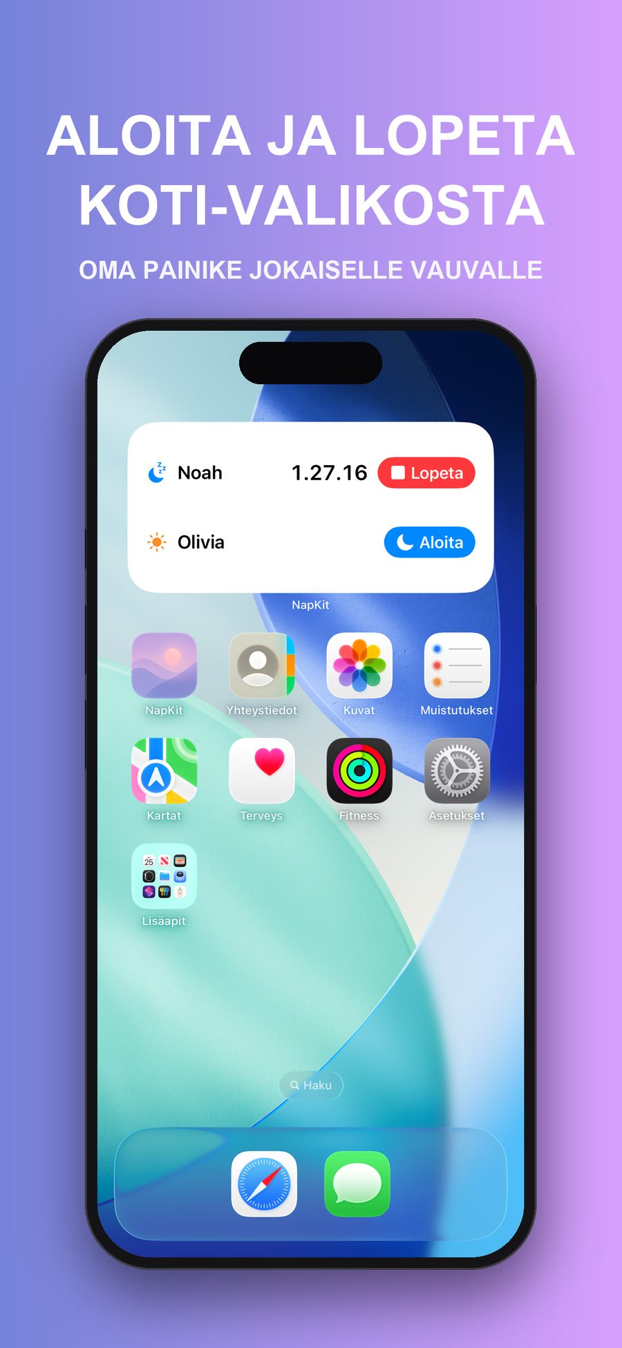 iPhonen Koti-valikko ja NapKit-widget: Noah on nukkunut 1 tunnin 27 minuuttia, ja vieressä on Lopeta-painike. Olivia on hereillä, ja vieressä on Aloita-painike.