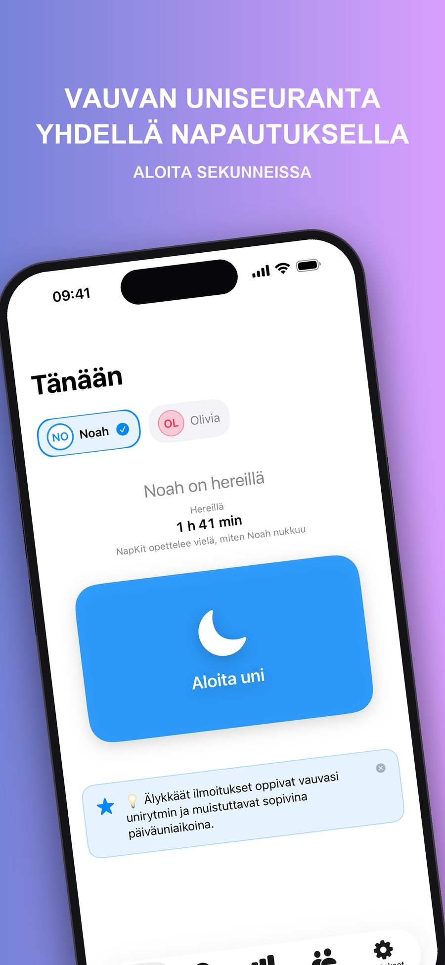 Tänään-näkymä, joka näyttää, kuinka kauan Noah on ollut hereillä. Näkymässä on iso Aloita uni -painike, valitsin kahdelle vauvalle, Noahille ja Olivialle, sekä Noahin ikään sopiva univinkki.
