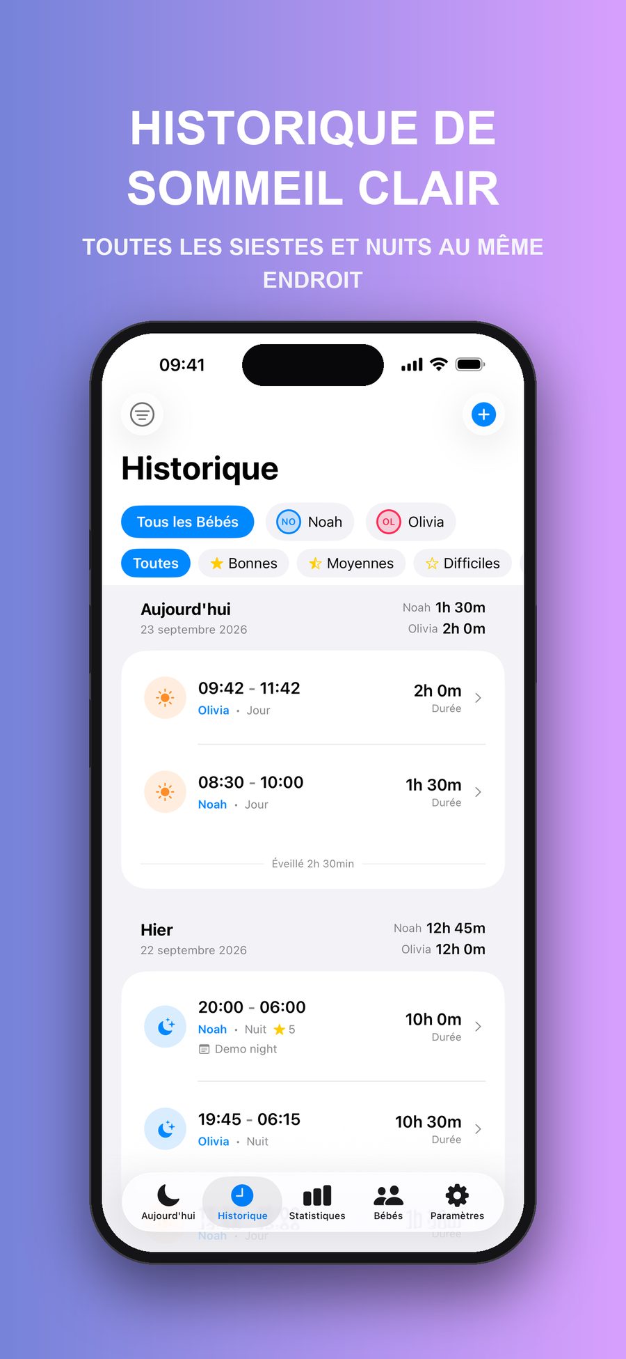 L'écran Historique avec des filtres par bébé et par note de nuit, listant siestes et nuits par jour, avec heures de début, heures de fin et durées.