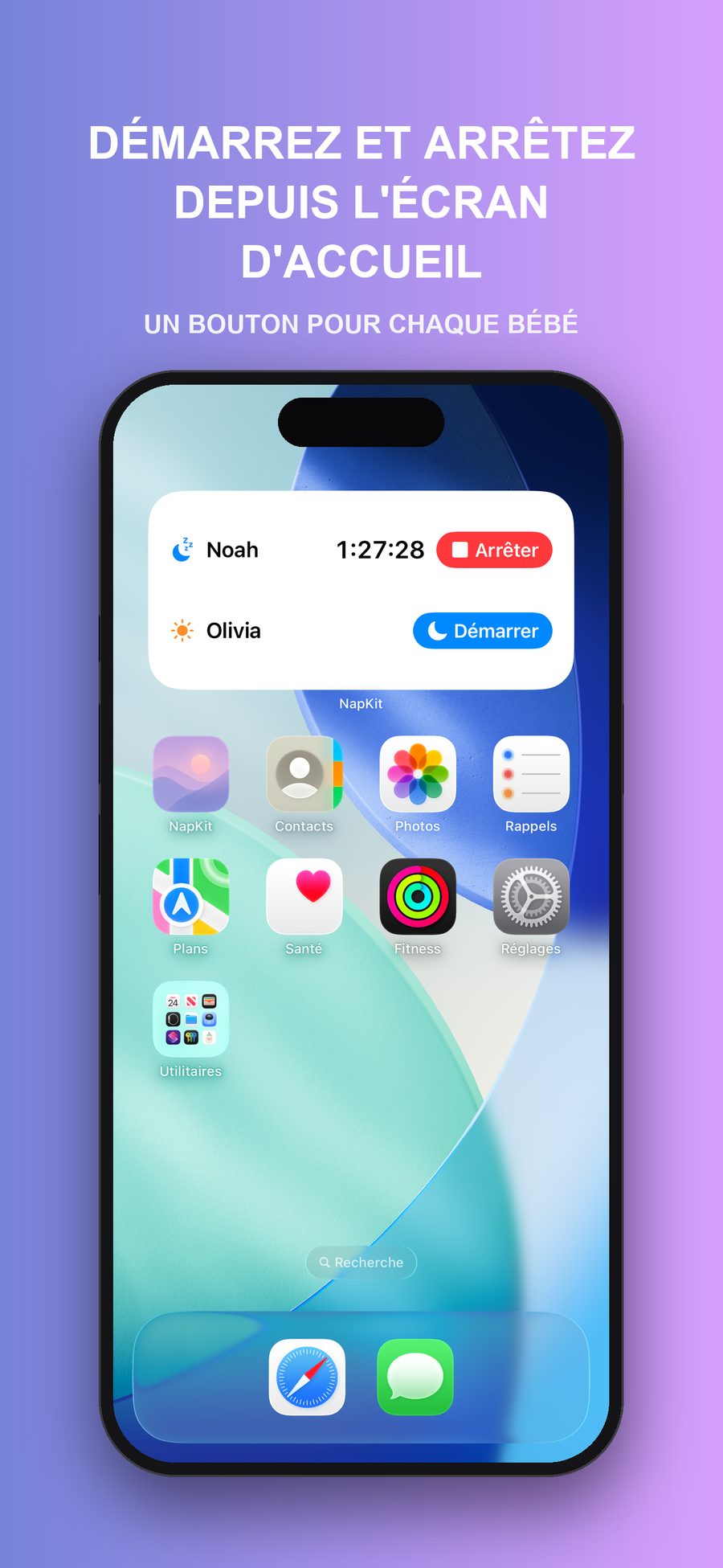 Un écran d'accueil d'iPhone avec le widget NapKit : Noah dort depuis 1 heure 27 minutes avec un bouton Arrêter, et Olivia est réveillée avec un bouton Démarrer.