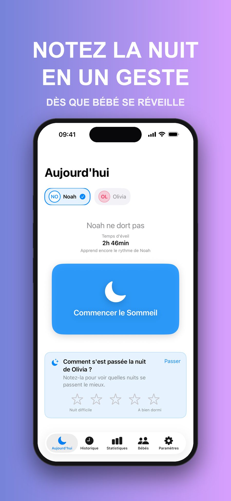 L'écran Aujourd'hui pose la question Comment s'est passée la nuit d'Olivia ? et propose cinq étoiles pour la noter, ainsi qu'un bouton Passer.