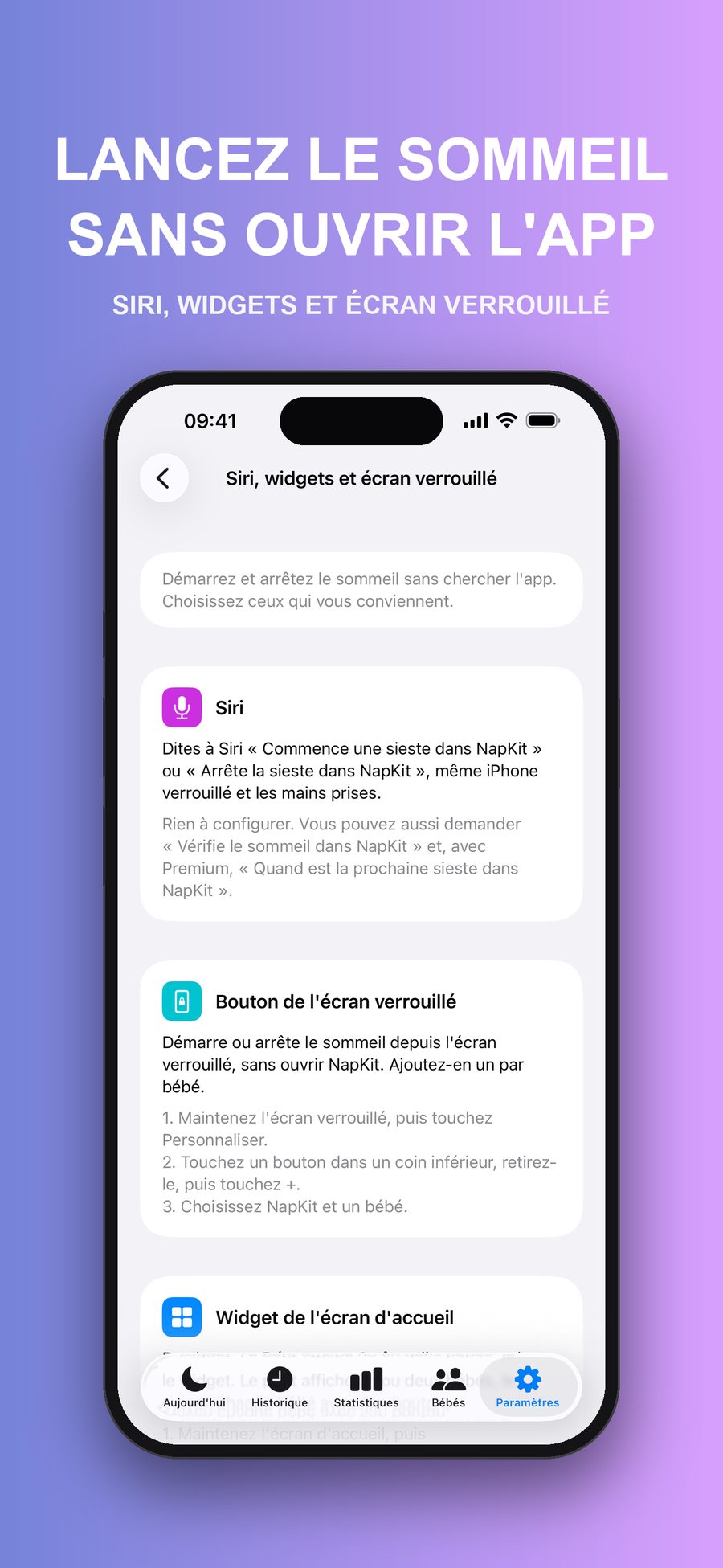 Le guide Siri, widgets et écran verrouillé dans Paramètres, qui explique comment démarrer et arrêter le sommeil avec Siri, le bouton de l'écran verrouillé et le widget de l'écran d'accueil.
