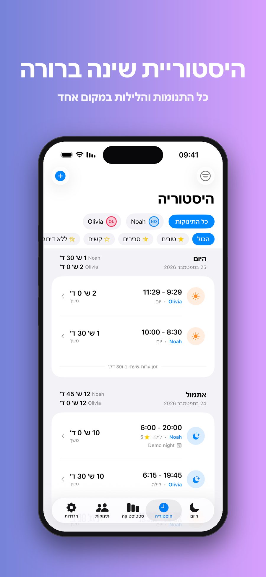 מסך ההיסטוריה עם מסננים לכל תינוק ולדירוגי הלילה, ובו רשימת תנומות ולילות לפי יום, עם שעות התחלה, שעות סיום ומשך.