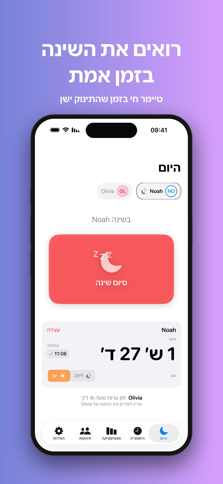 מסך היום בזמן שנואה בשינה: טיימר פועל של שעה ו-27 דקות וכפתור סיום שינה, ומתחת אוליביה, שלא בשינה כרגע.