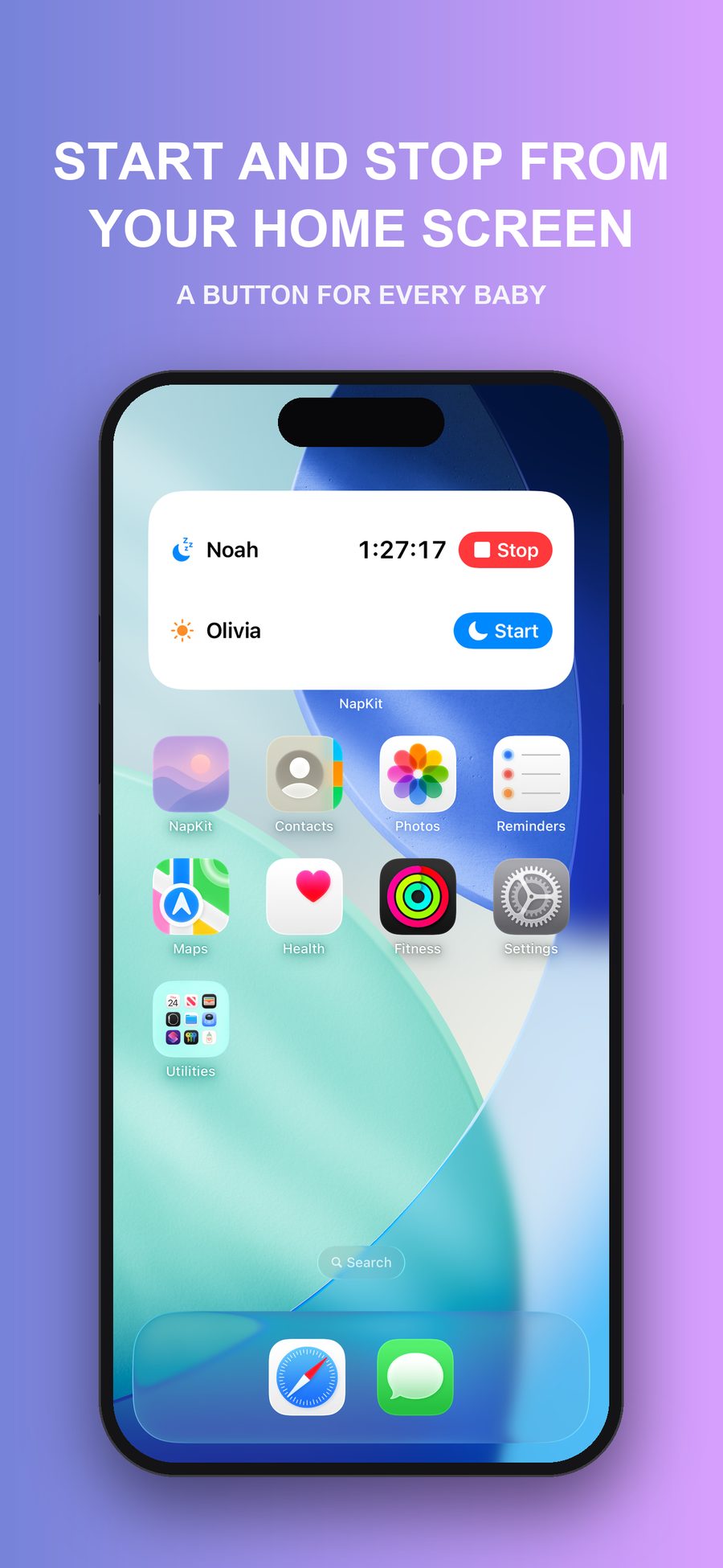 An iPhone Home Screen with the NapKit widget: Noah asleep for 1 hour 27 minutes with a Stop button, and Olivia awake with a Start button.
