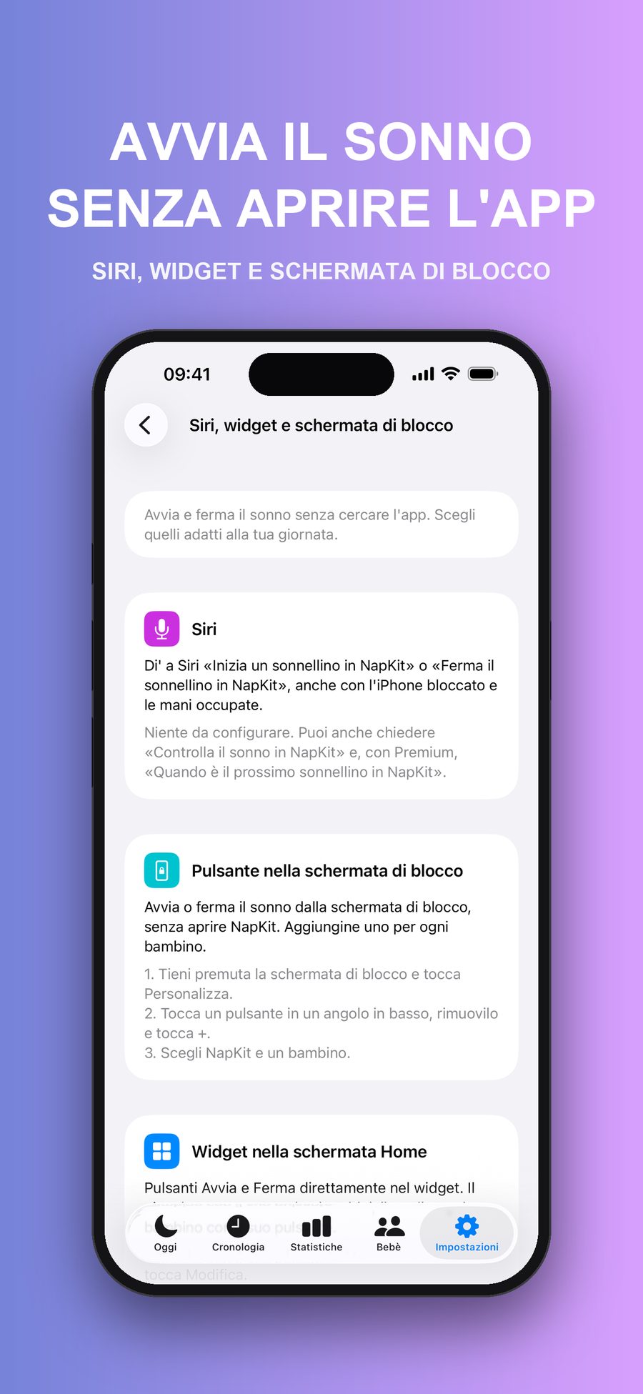 La guida Siri, widget e schermata di blocco in Impostazioni, che spiega come avviare e fermare il sonno con Siri, il pulsante nella schermata di blocco e il widget nella schermata Home.