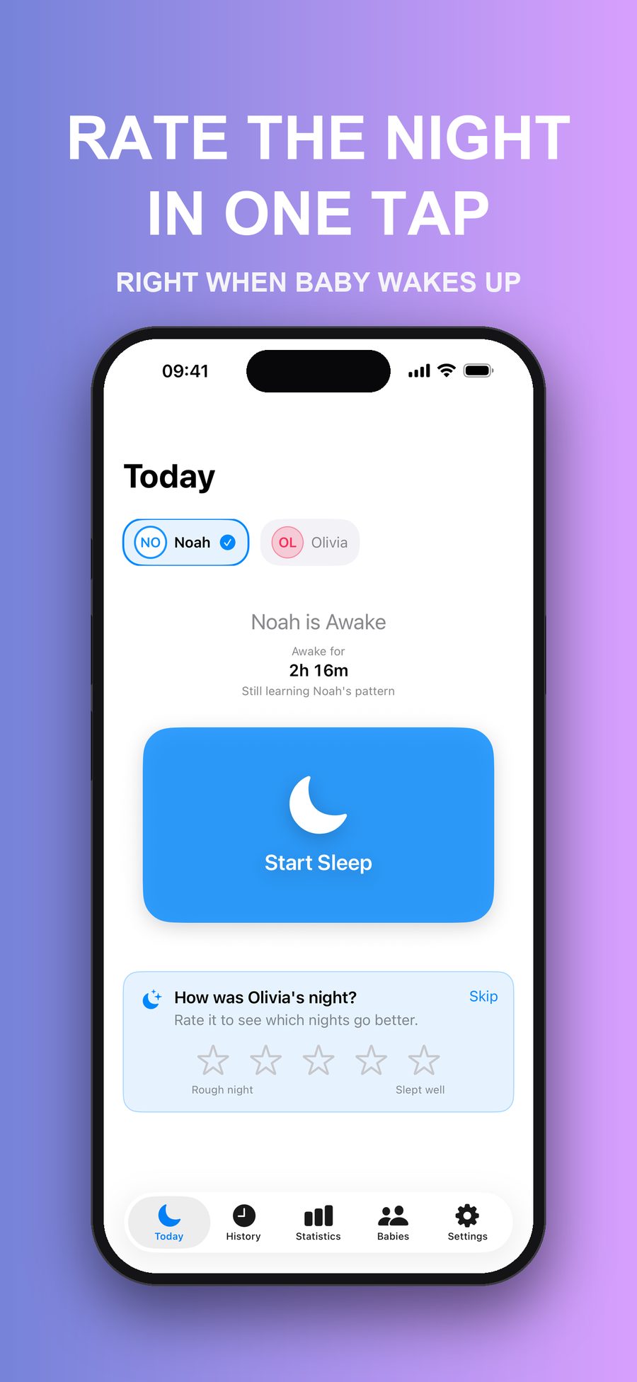 The Today screen asking How was Olivia's night?, with five stars to rate it and a Skip button.
