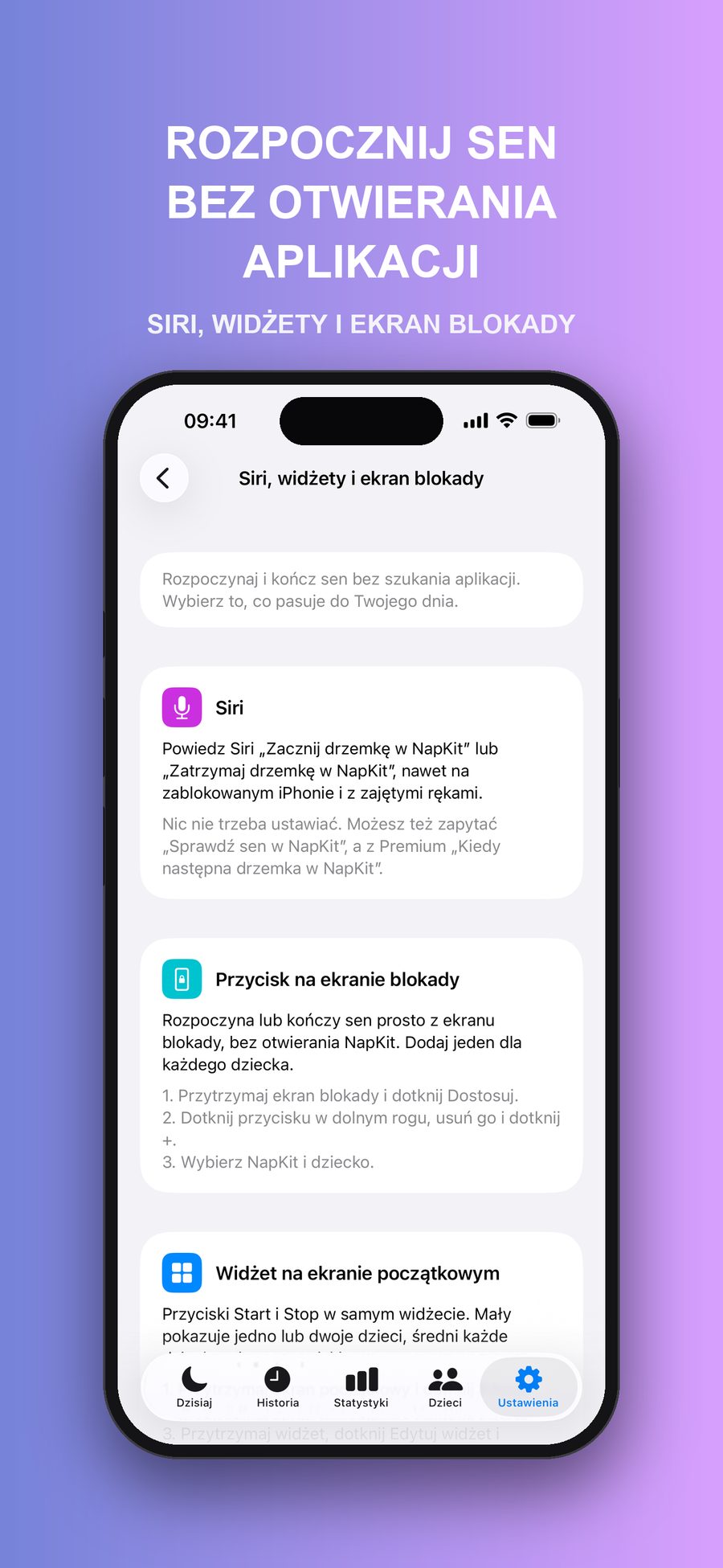 Poradnik Siri, widżety i ekran blokady w Ustawieniach, który pokazuje, jak rozpoczynać i kończyć sen przez Siri, przyciskiem na ekranie blokady i widżetem na ekranie początkowym.
