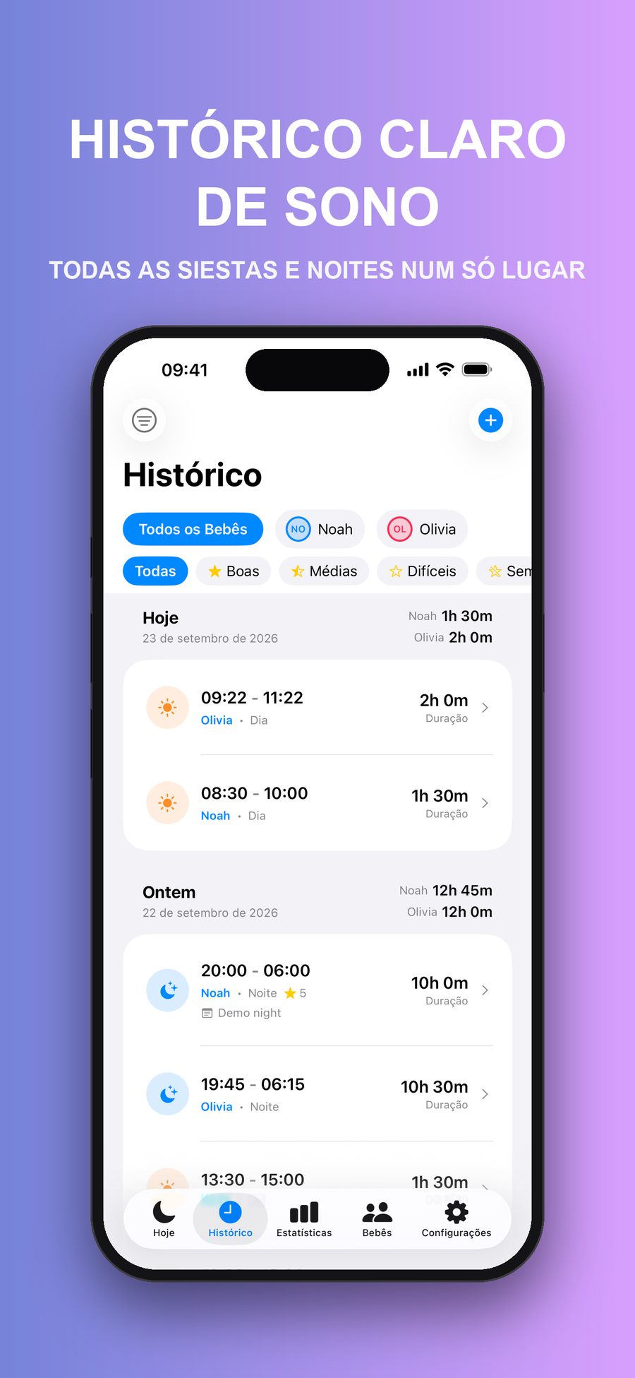 O ecrã Histórico com filtros por bebé e por avaliação da noite, a listar sestas e noites por dia com horas de início, horas de fim e durações.