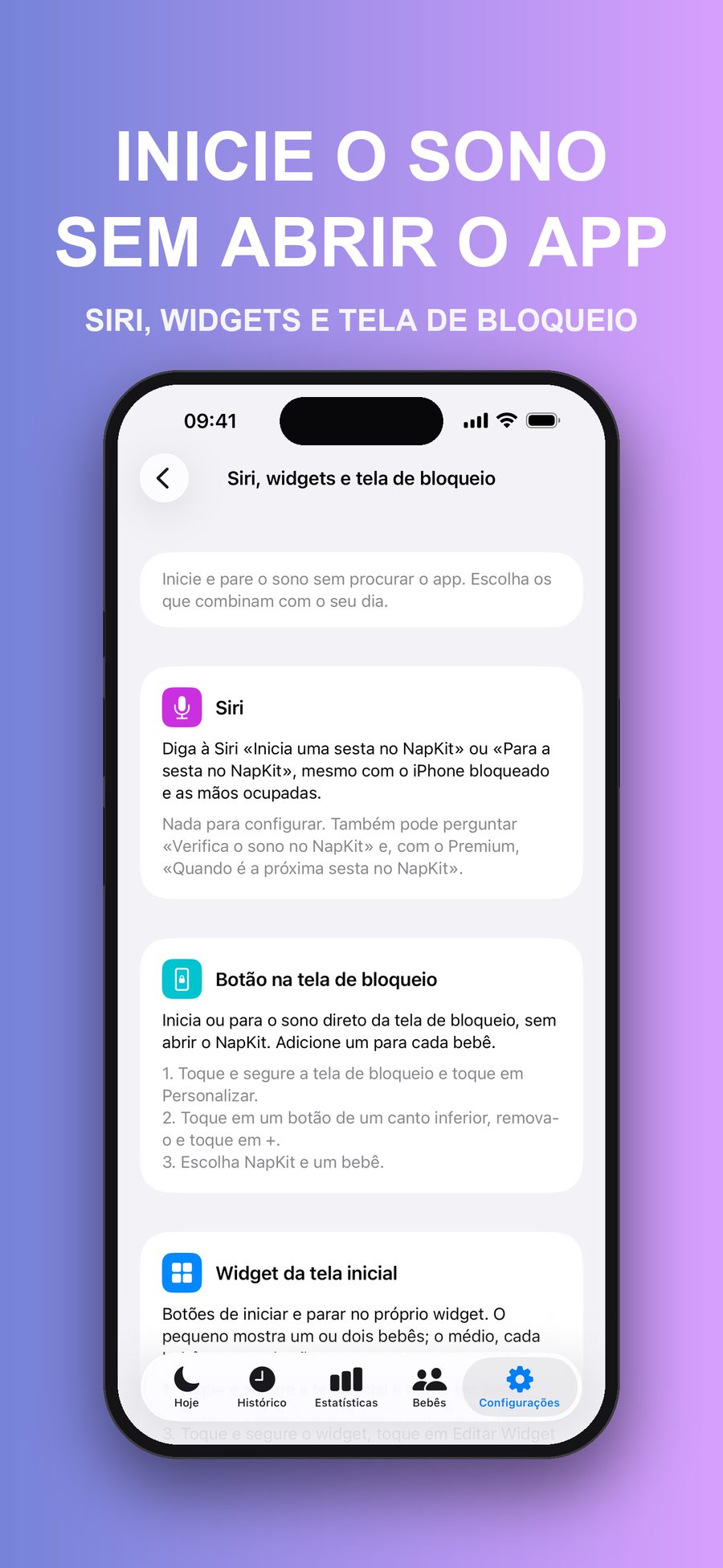 O guia Siri, widgets e tela de bloqueio nas Configurações, que explica como iniciar e parar o sono com a Siri, o botão do ecrã bloqueado e o widget do ecrã principal.