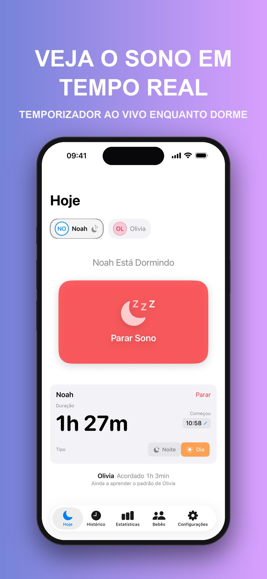 Hoje enquanto o Noah dorme: um cronómetro a contar 1 hora e 27 minutos e um botão Parar Sono, com a Olivia por baixo, acordada.