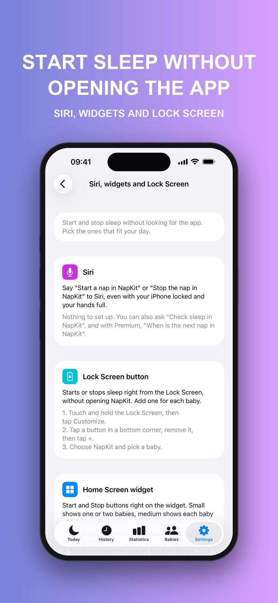 The Siri, widgets and Lock Screen guide in Settings, explaining how to start and stop sleep with Siri, the Lock Screen button, and the Home Screen widget.