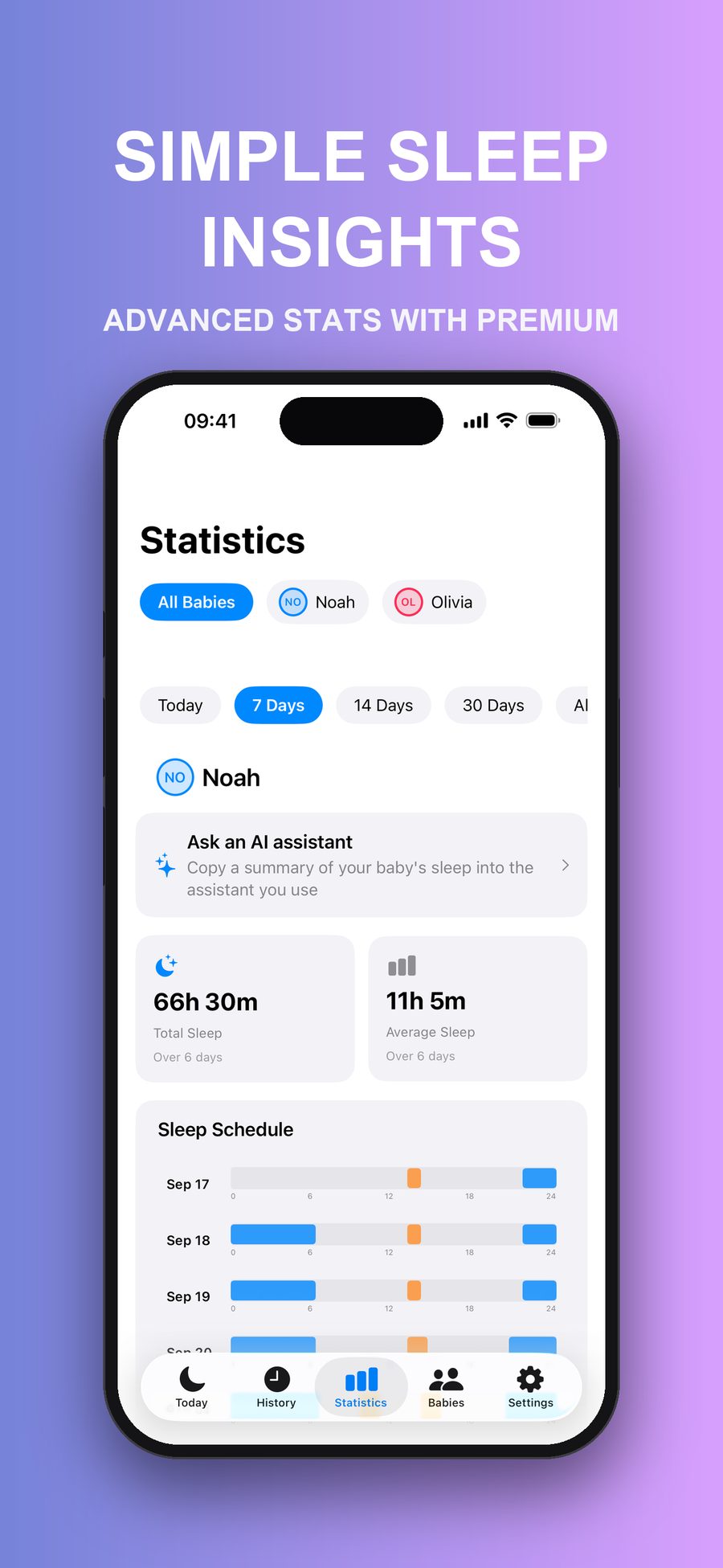 The Statistics screen over 7 days, showing total and average sleep, a sleep schedule chart, and a shortcut to ask an AI assistant.