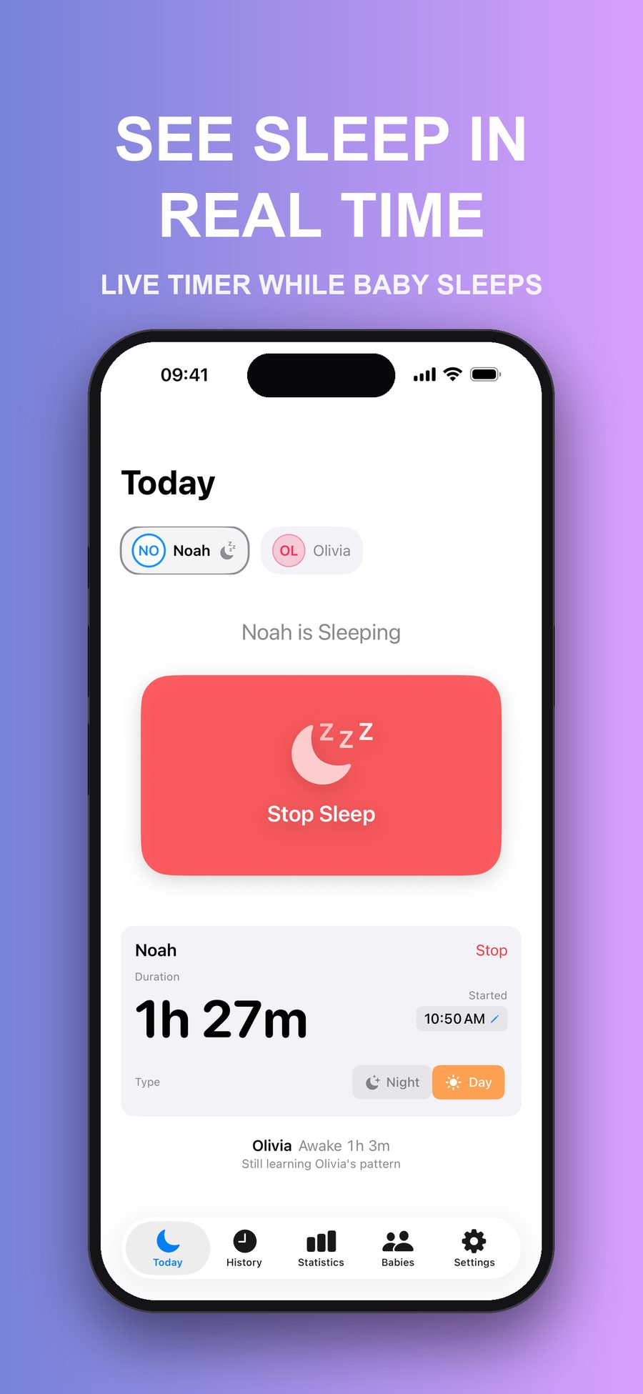 Today while Noah sleeps: a running timer of 1 hour 27 minutes and a Stop Sleep button, with Olivia shown below as awake.