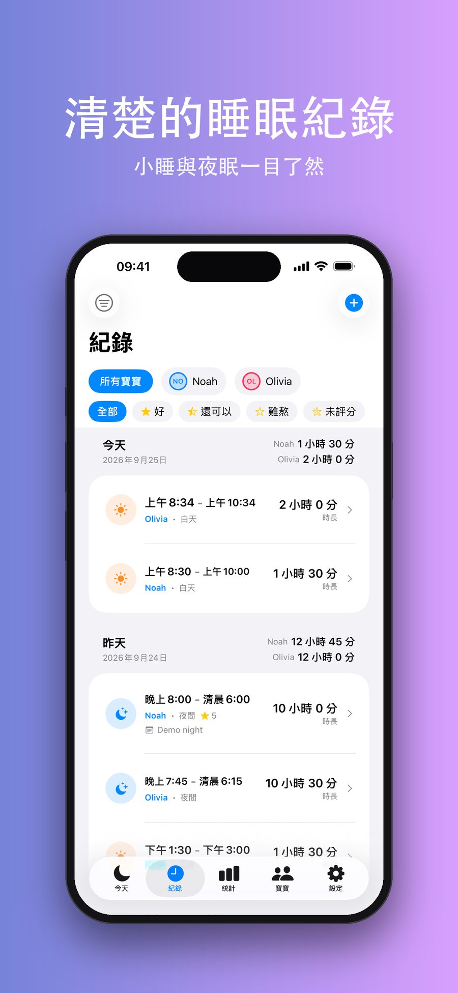 「紀錄」畫面，可依寶寶和夜間評分篩選，並按日期列出每次小睡和夜間睡眠的開始時間、結束時間與時長。