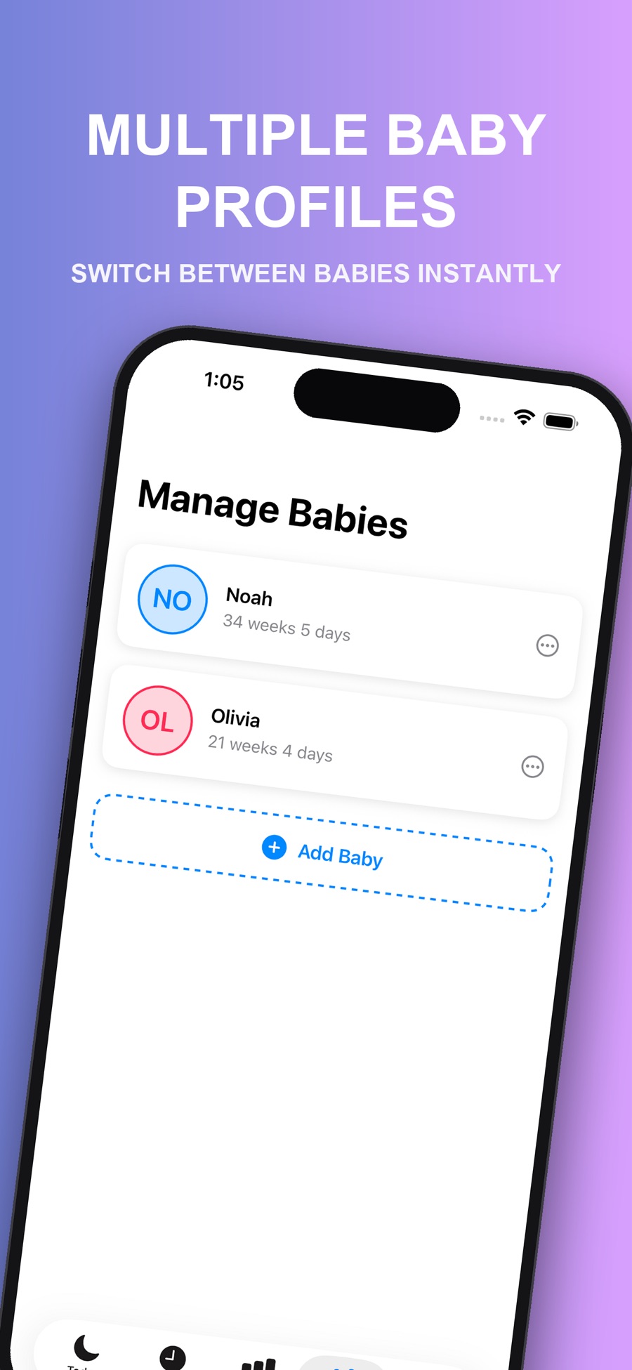 The Manage Babies screen listing two baby profiles with their ages and an Add Baby button.