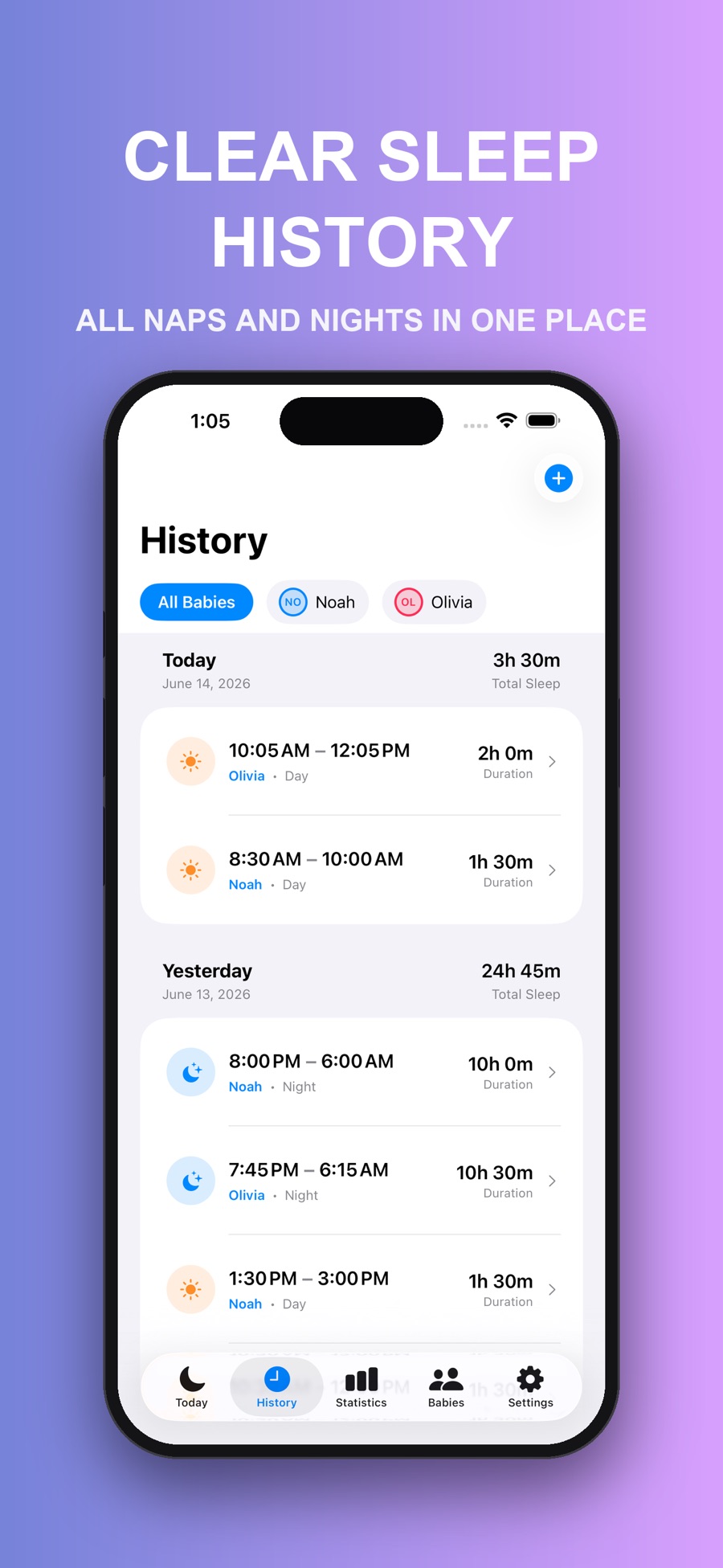 The History screen listing naps and nights grouped by day with start times, end times, and durations.