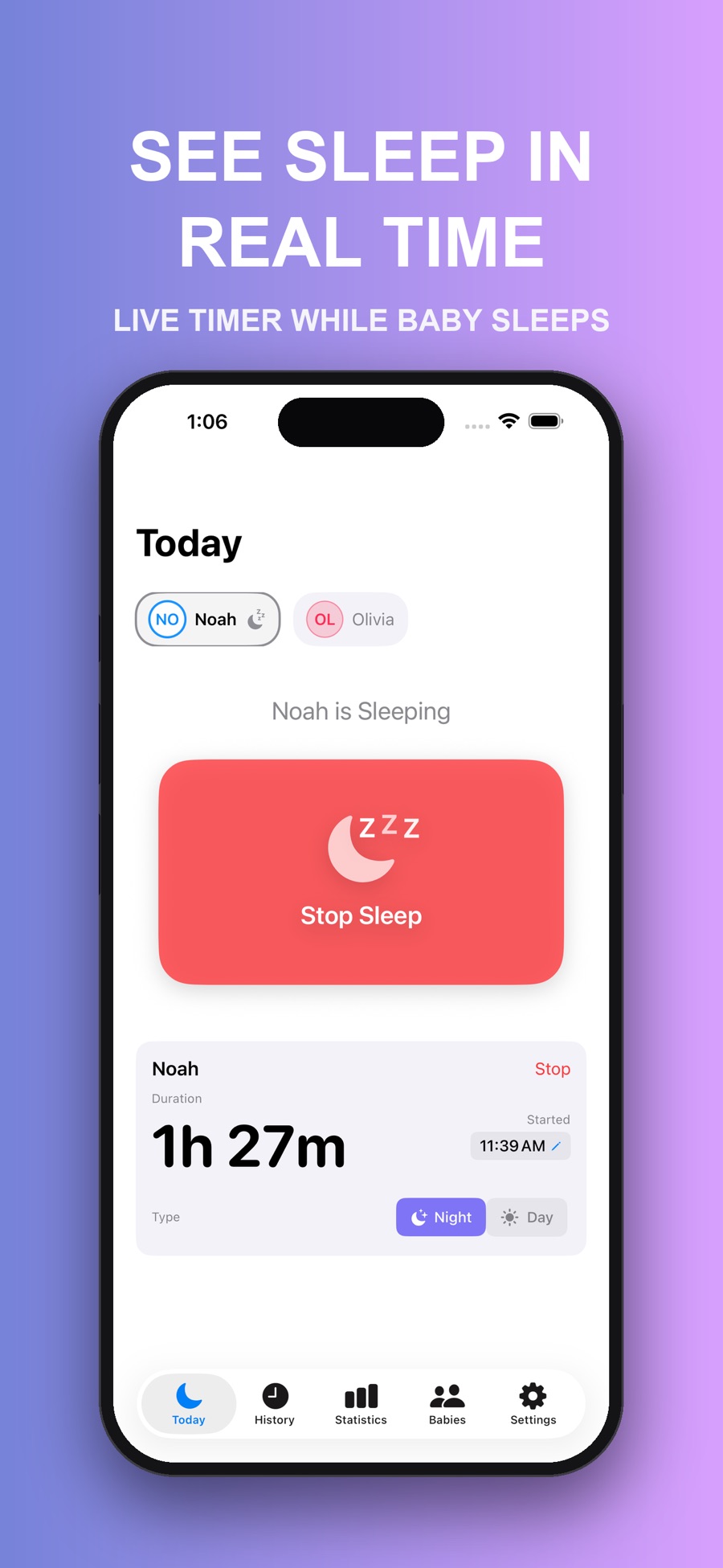 A sleep session in progress showing a running duration of 1 hour 27 minutes and a Stop Sleep button.