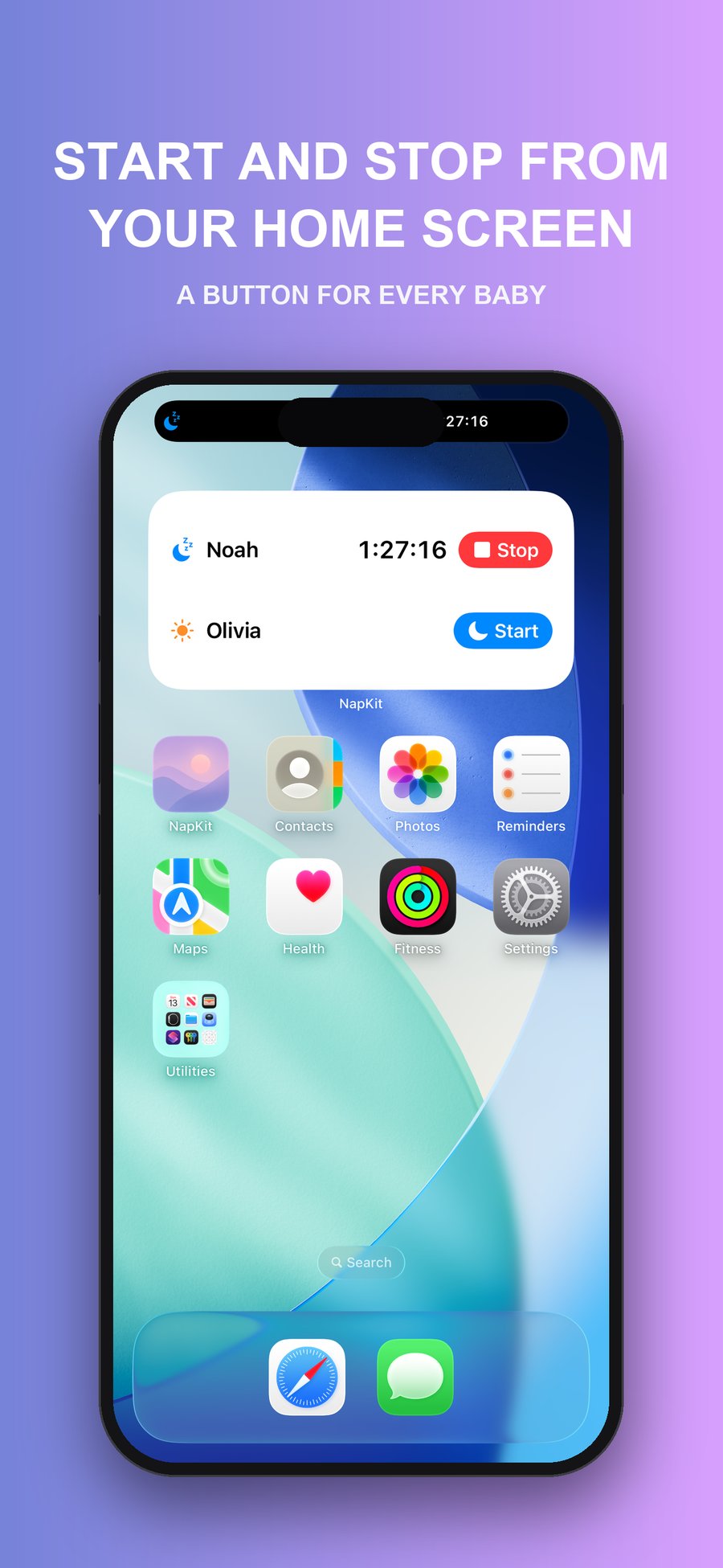 iPhoneのホーム画面に置いたNapKitのウィジェット。1時間27分眠っているNoahには停止ボタン、起きているOliviaには開始ボタンが表示されています。